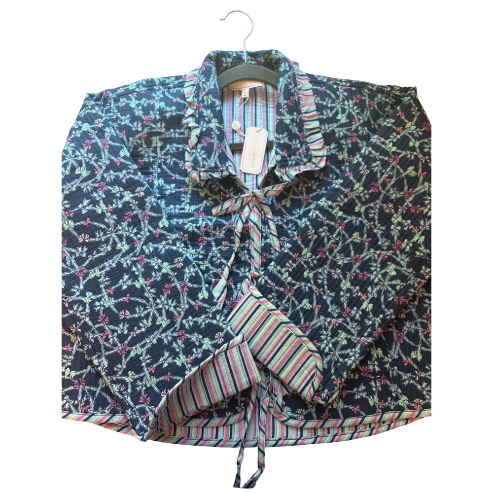 Simply Southern Quilted Jacket M Navy Floral Bow Print Ruffle Tie Front NWT